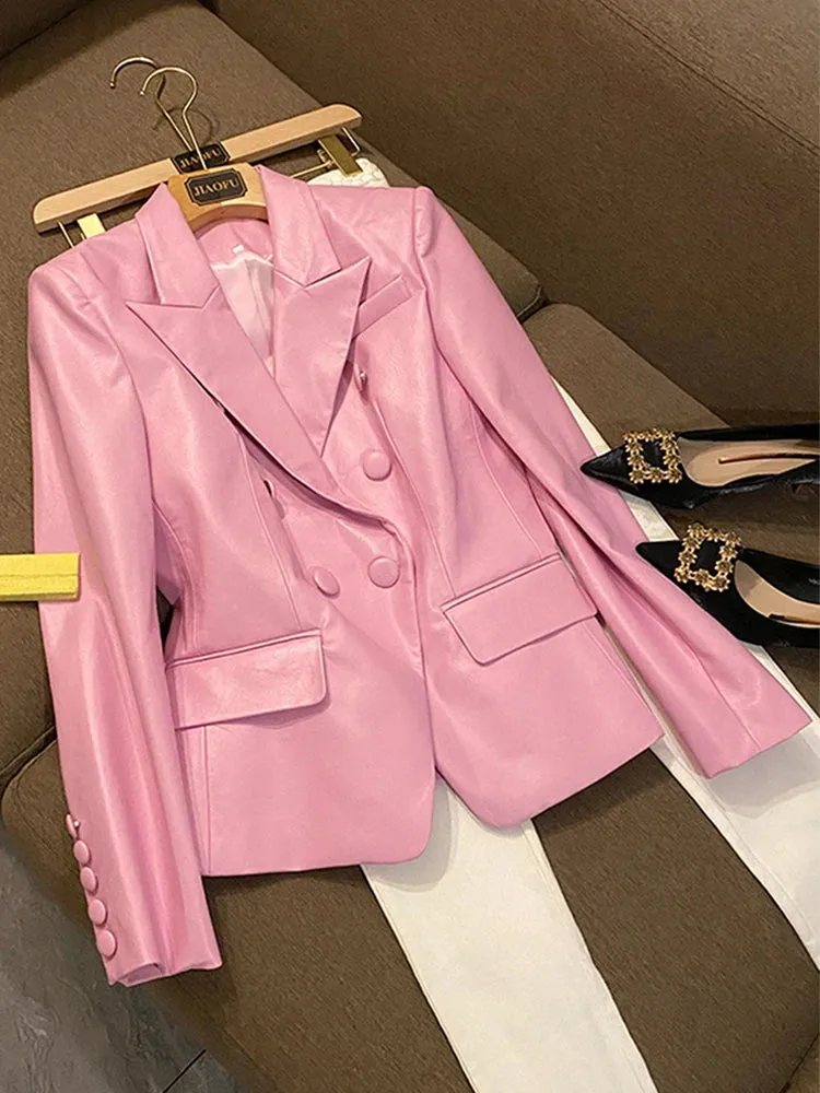 Stylish Short Pink Soft Pu Leather  Long Sleeve Slim Fit Jackets for Women