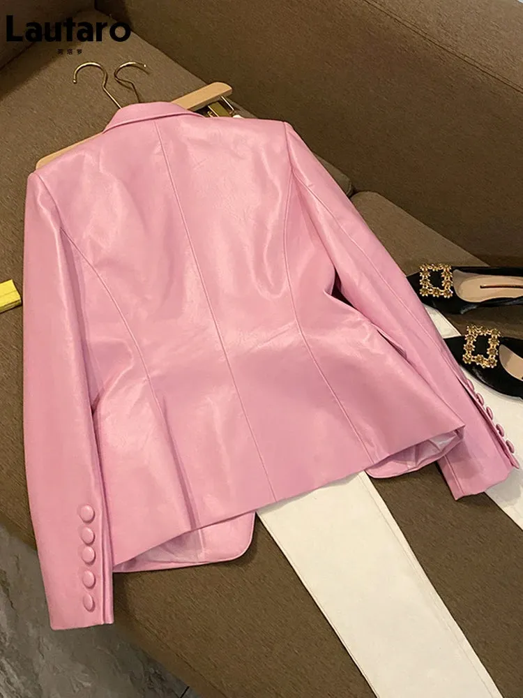 Stylish Short Pink Soft Pu Leather  Long Sleeve Slim Fit Jackets for Women