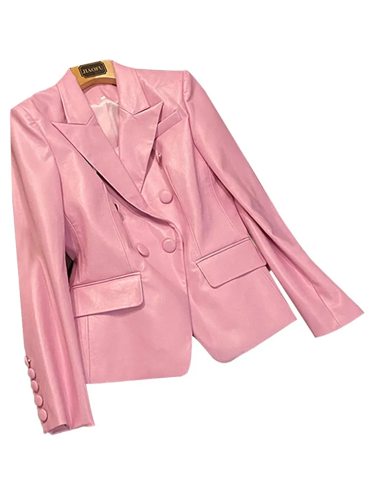 Stylish Short Pink Soft Pu Leather  Long Sleeve Slim Fit Jackets for Women