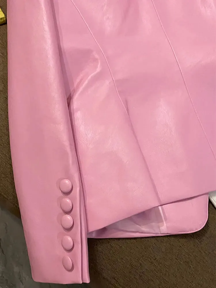 Stylish Short Pink Soft Pu Leather  Long Sleeve Slim Fit Jackets for Women
