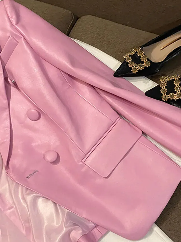 Stylish Short Pink Soft Pu Leather  Long Sleeve Slim Fit Jackets for Women