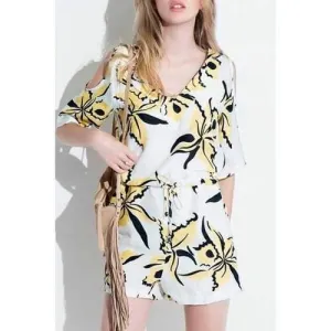 Stylish V-Neck Half Sleeve Flower Print Cut Out Drawstring Design Women's Romper - White M