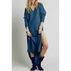 Stylish V-Neck Long Sleeves Solid Color High Slit Women's Sweater Dress - Blue Xl