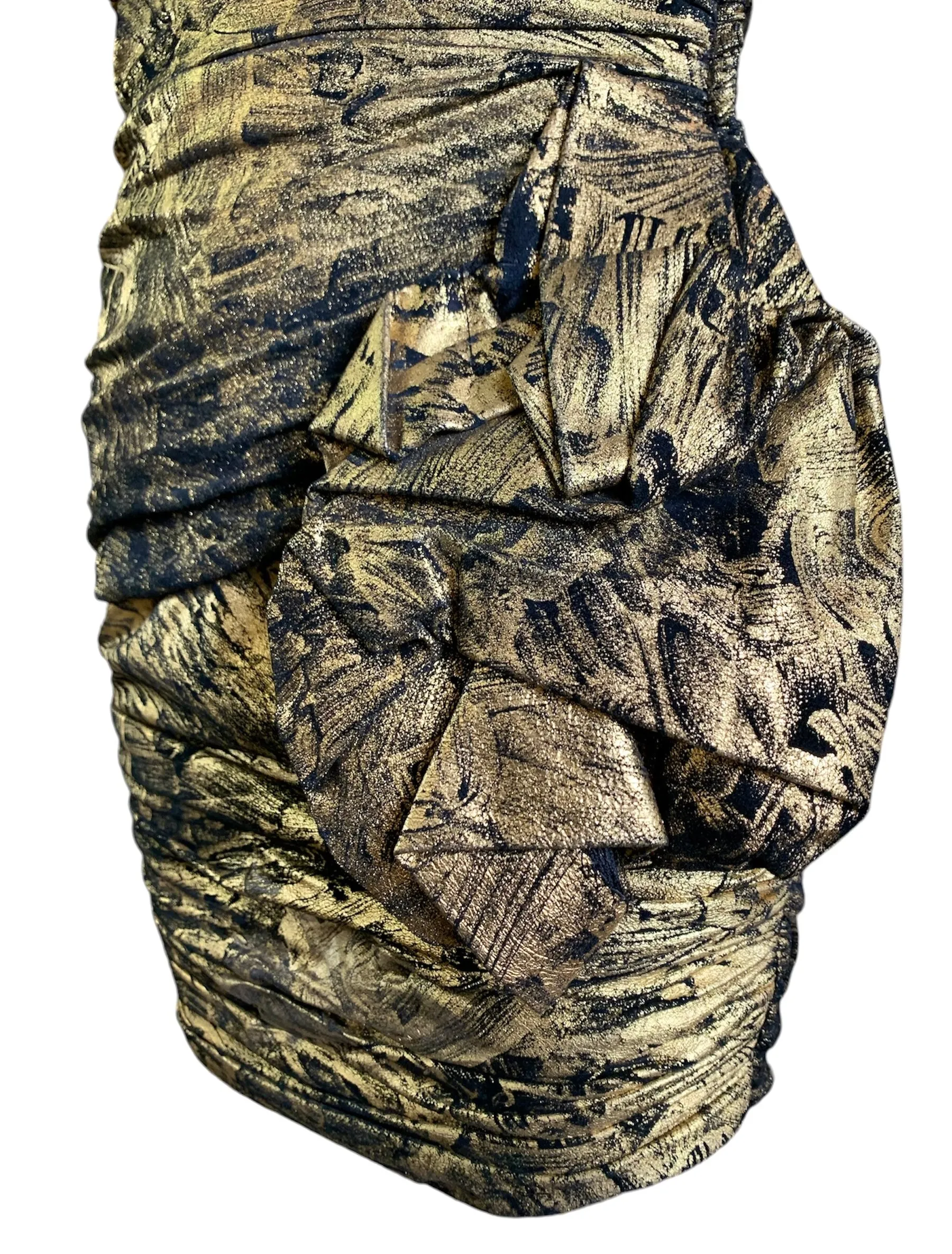 Vickey Tiel 1980's Gold and Black Paint Stroke Strapless Suede Mini Dress