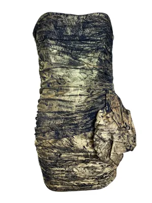 Vickey Tiel 1980's Gold and Black Paint Stroke Strapless Suede Mini Dress