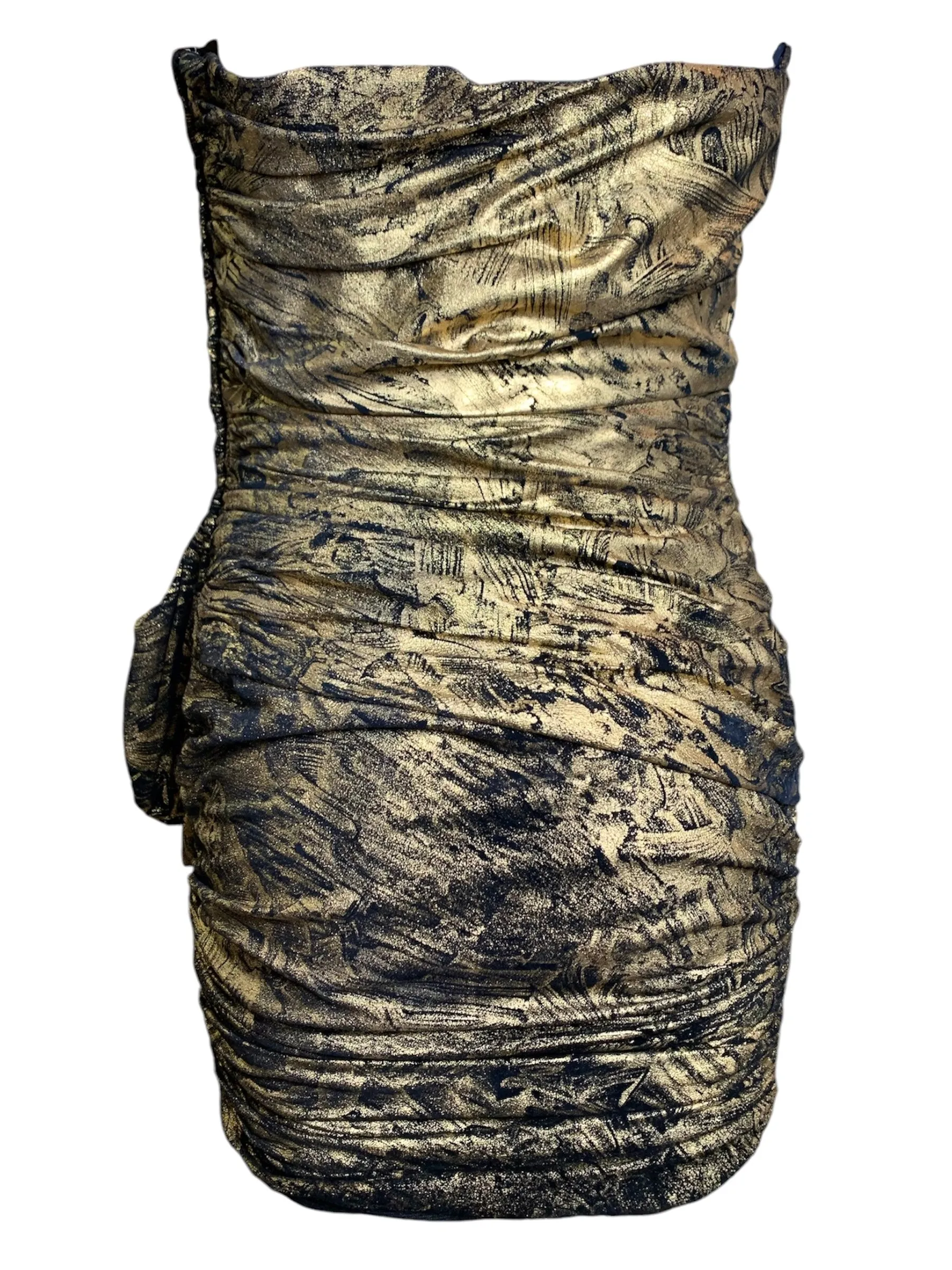Vickey Tiel 1980's Gold and Black Paint Stroke Strapless Suede Mini Dress