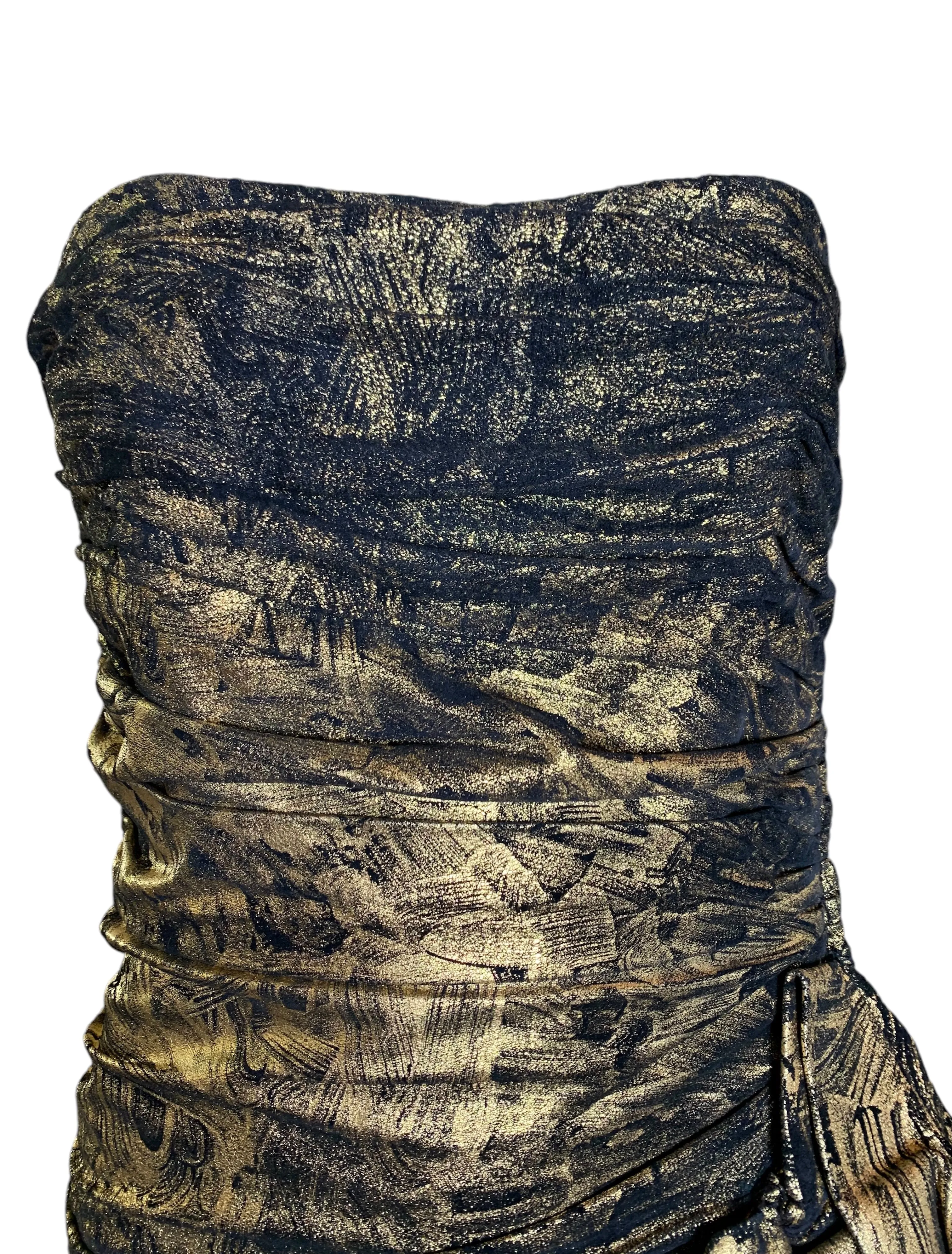 Vickey Tiel 1980's Gold and Black Paint Stroke Strapless Suede Mini Dress