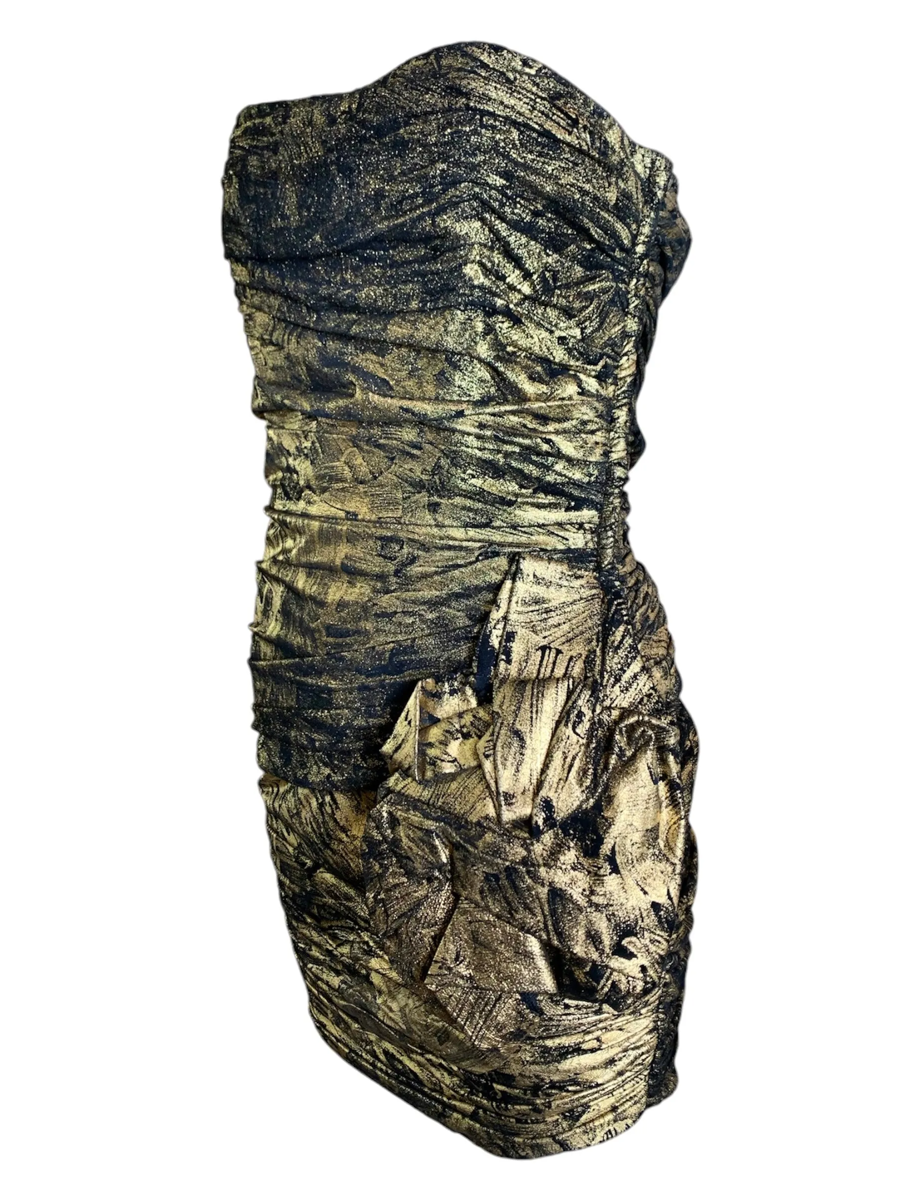Vickey Tiel 1980's Gold and Black Paint Stroke Strapless Suede Mini Dress