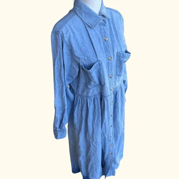 VTG Fads Light Blue Denim Shirt Dress Size M Button-Down Casual 90s Aesthetic