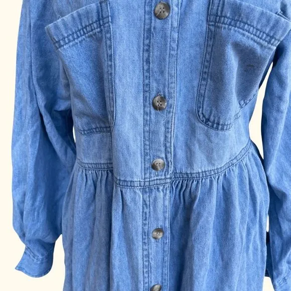 VTG Fads Light Blue Denim Shirt Dress Size M Button-Down Casual 90s Aesthetic