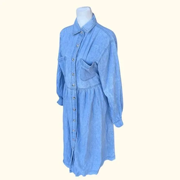 VTG Fads Light Blue Denim Shirt Dress Size M Button-Down Casual 90s Aesthetic