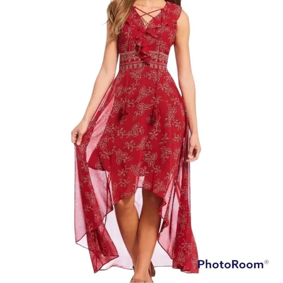Willow &amp; Clay Red paisley floral ruffled lace-up high low lace up stylish dress
