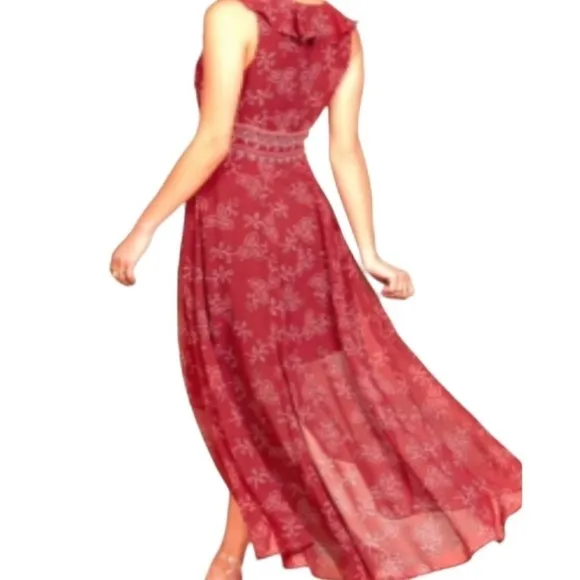 Willow &amp; Clay Red paisley floral ruffled lace-up high low lace up stylish dress