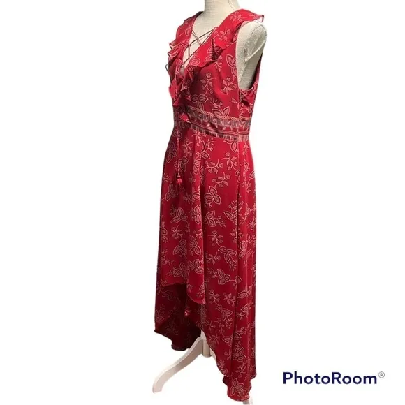 Willow &amp; Clay Red paisley floral ruffled lace-up high low lace up stylish dress