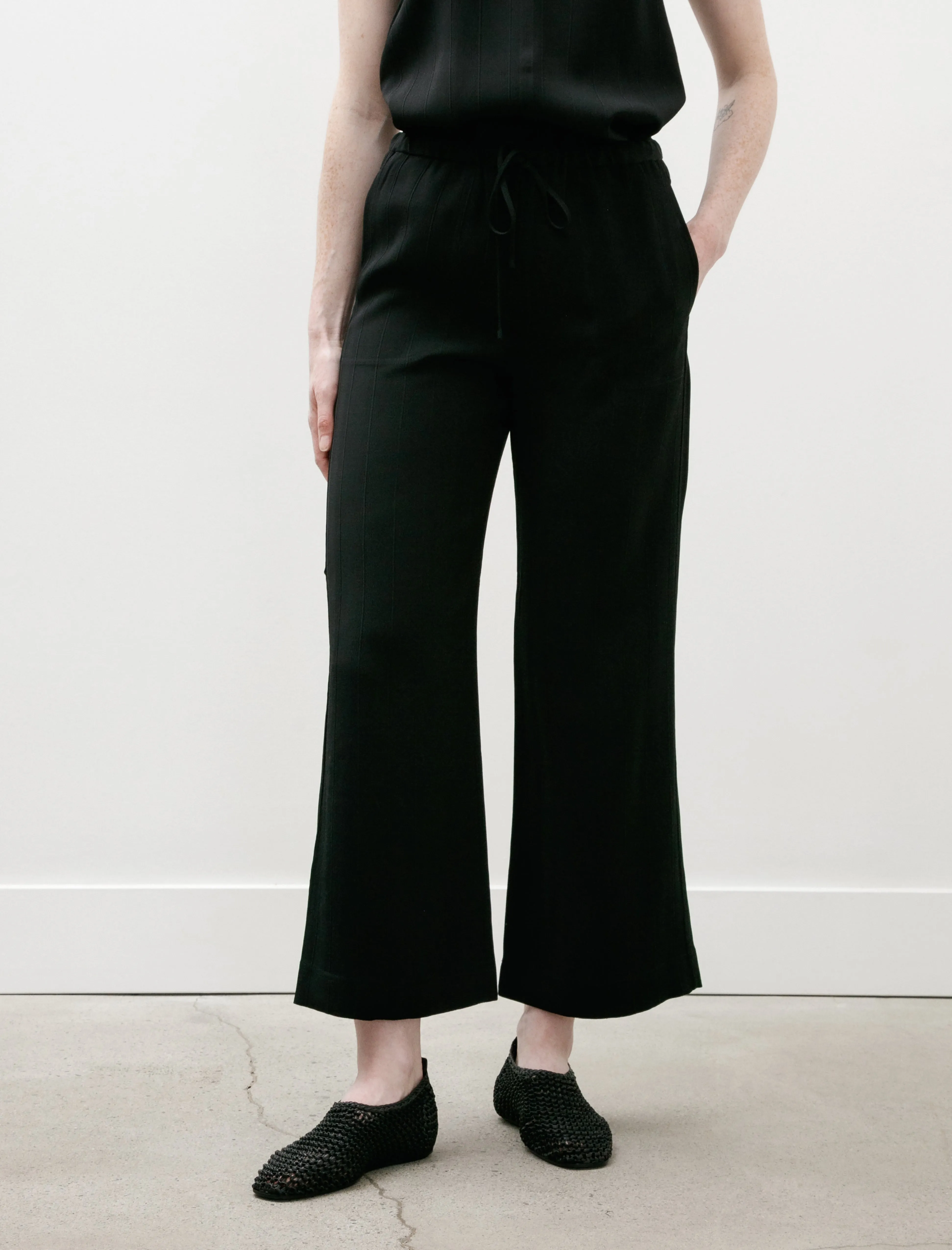 Woven Stripe Drawstring Trousers Black
