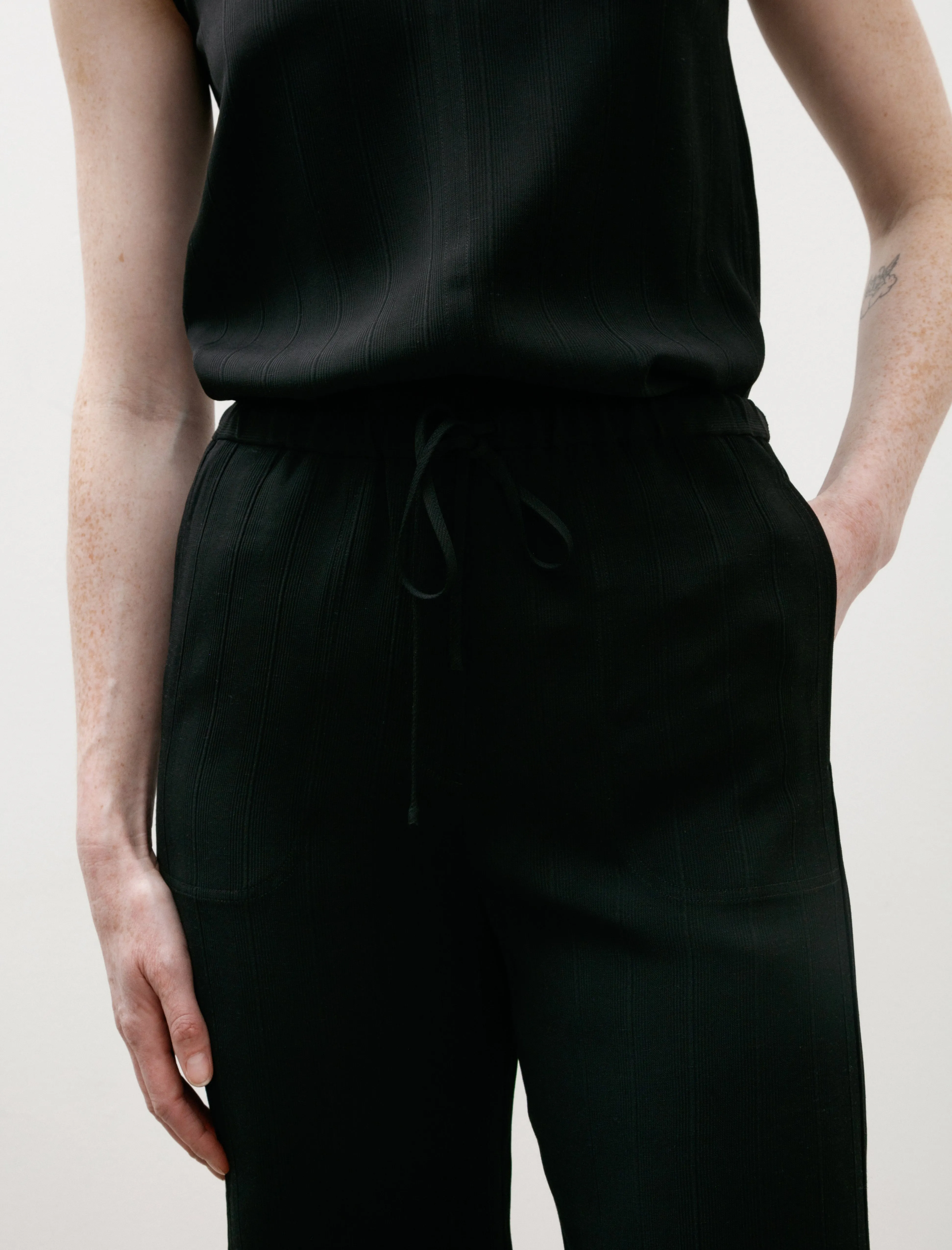 Woven Stripe Drawstring Trousers Black